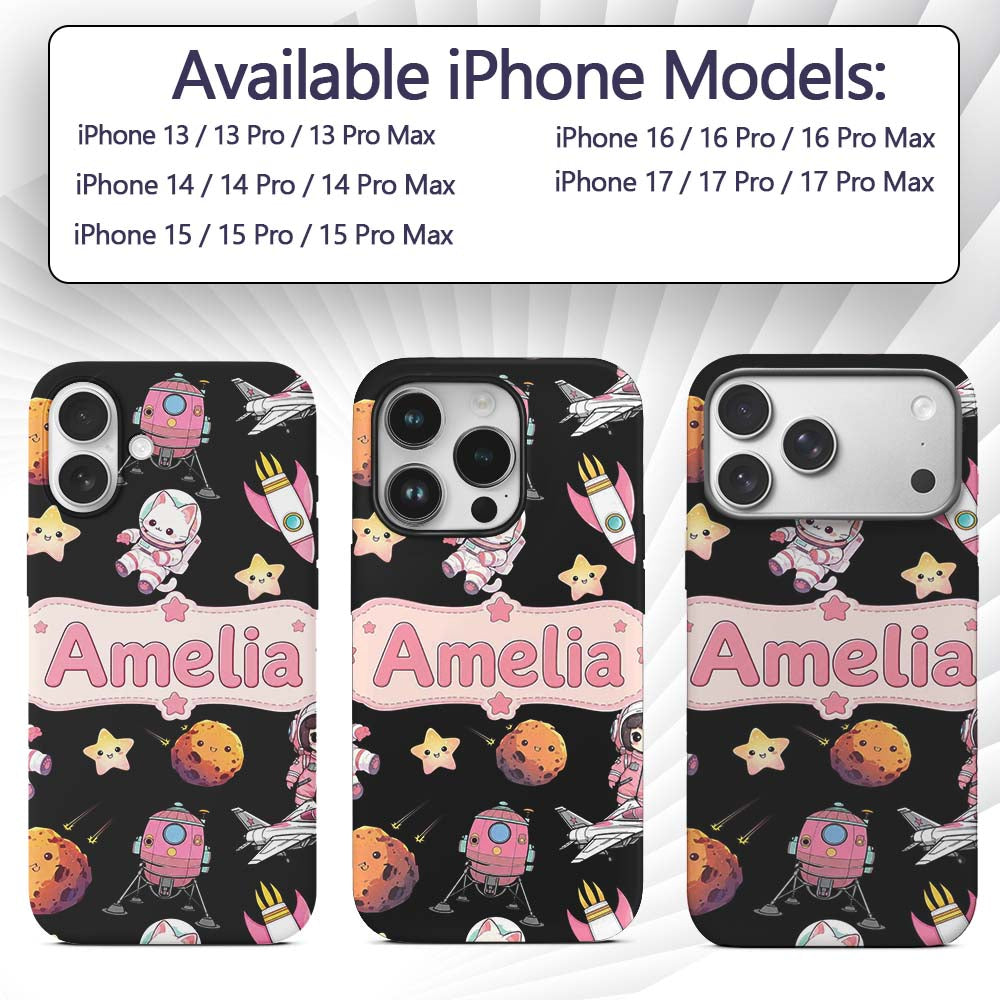 Space Cat Astronaut Girl Rockets Stars Seamless Custom Name Protective Phone Case Mobile Cover Durable Everyday Smartphone Shock Resistant