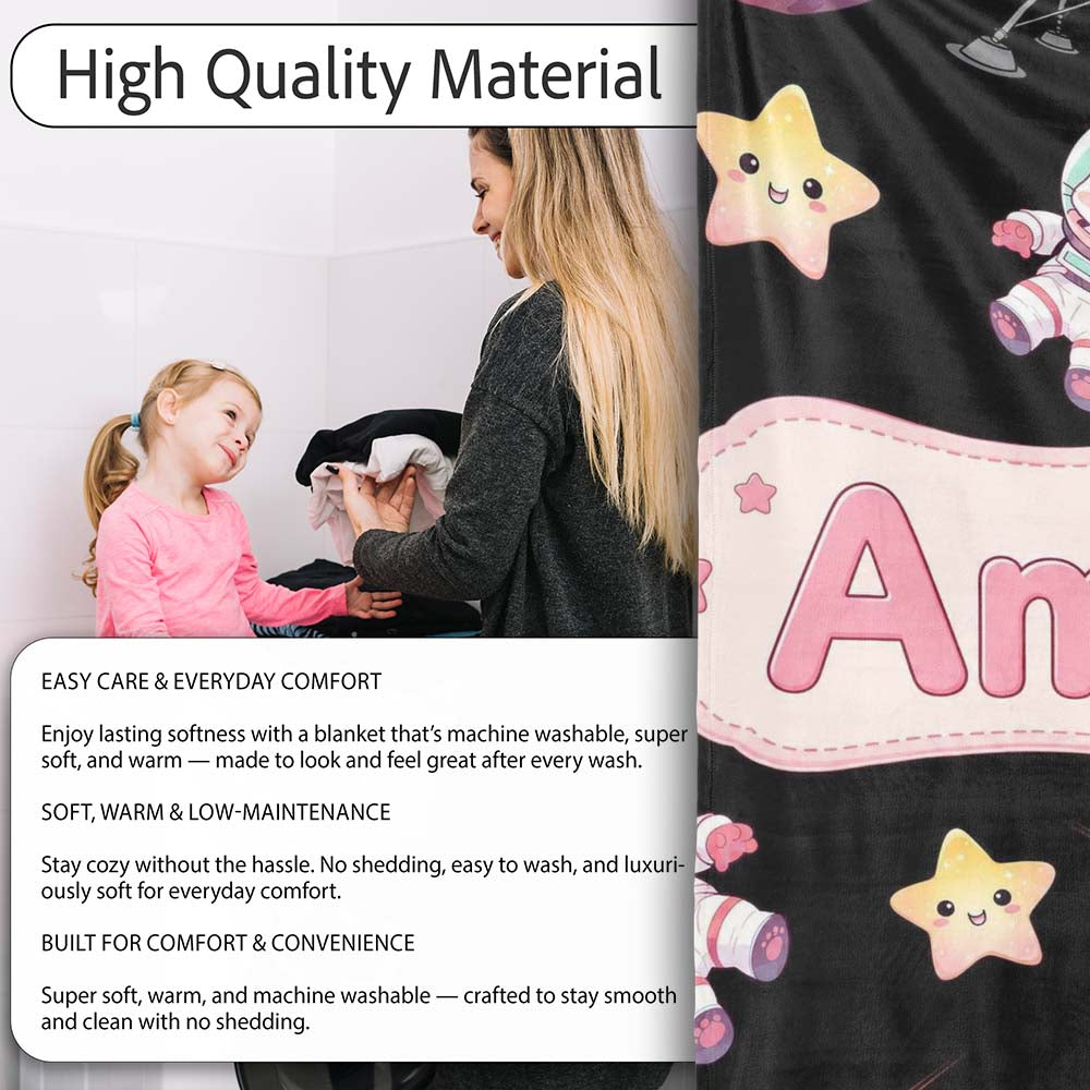 Space Cat Astronaut Girl Rockets Stars Seamless Black Background  Personalised Custom Name Super Soft Fleece Blanket Bed Sofa Throw
