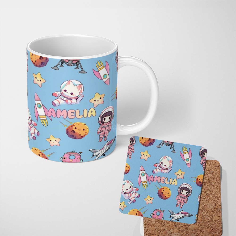 Personalized Custom Name Space Cat Astronaut Girl Rockets Stars Seamless Blue Background 11oz Ceramic Coffee Tea Mug White Large Handle