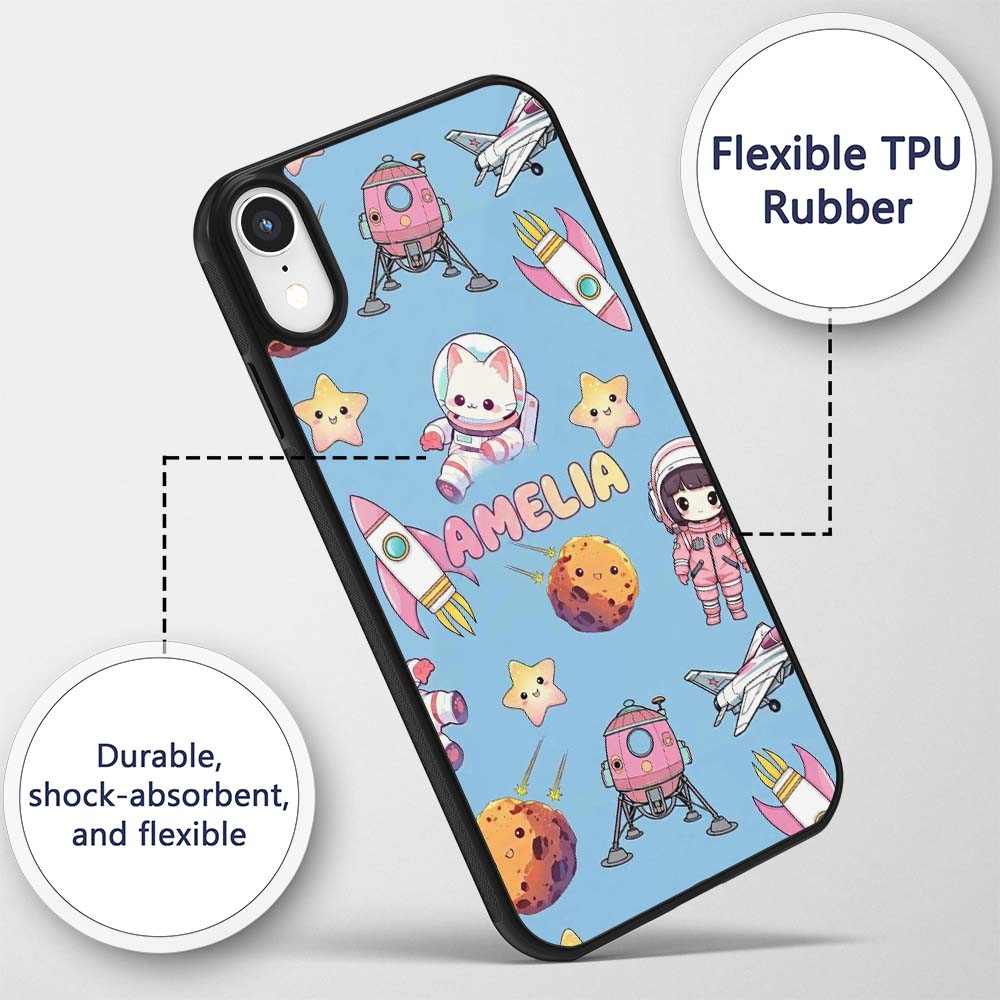 Space Cat Astronaut Girl Rockets Stars Seamless Custom Name Protective Phone Case Mobile Cover Durable Everyday Smartphone Shock Resistant