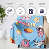 Space Cat Astronaut Girl Rockets Stars Seamless Blue Background  Personalised Custom Name Super Soft Fleece Blanket Bed Sofa Throw
