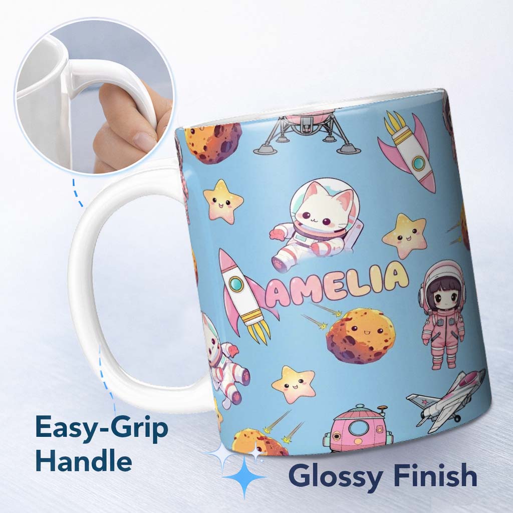 Personalized Custom Name Space Cat Astronaut Girl Rockets Stars Seamless Blue Background 11oz Ceramic Coffee Tea Mug White Large Handle
