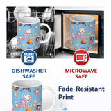 Personalized Custom Name Space Cat Astronaut Girl Rockets Stars Seamless Blue Background 11oz Ceramic Coffee Tea Mug White Large Handle