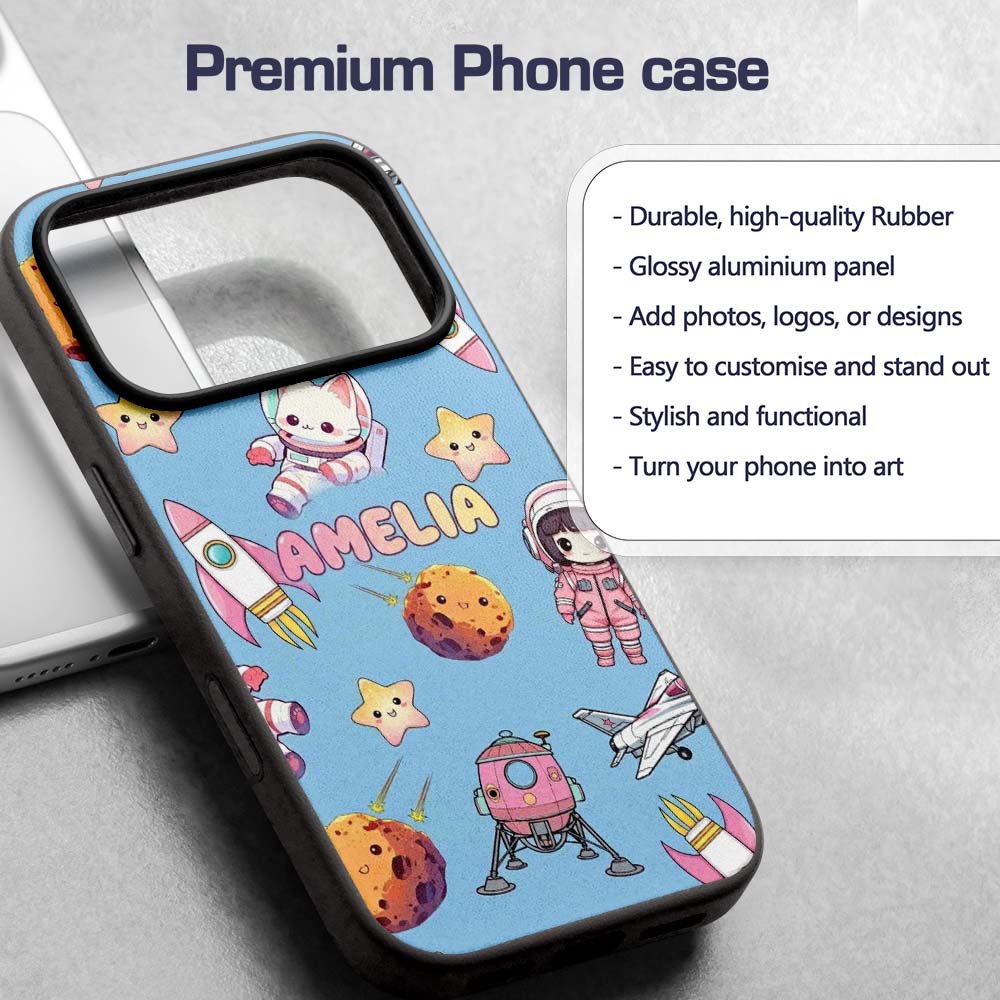 Space Cat Astronaut Girl Rockets Stars Seamless Custom Name Protective Phone Case Mobile Cover Durable Everyday Smartphone Shock Resistant