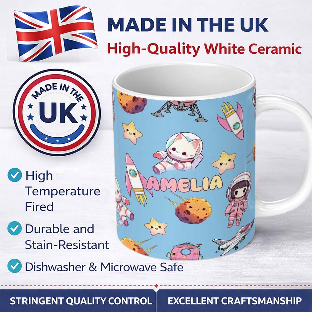 Personalized Custom Name Space Cat Astronaut Girl Rockets Stars Seamless Blue Background 11oz Ceramic Coffee Tea Mug White Large Handle