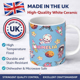 Personalized Custom Name Space Cat Astronaut Girl Rockets Stars Seamless Blue Background 11oz Ceramic Coffee Tea Mug White Large Handle