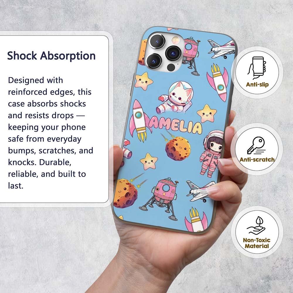 Space Cat Astronaut Girl Rockets Stars Seamless Custom Name Protective Phone Case Mobile Cover Durable Everyday Smartphone Shock Resistant