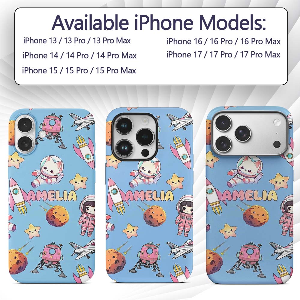 Space Cat Astronaut Girl Rockets Stars Seamless Custom Name Protective Phone Case Mobile Cover Durable Everyday Smartphone Shock Resistant