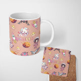 Personalized Custom Name Space Cat Astronaut Girl Rockets Stars Seamless Peach Background 11oz Ceramic Coffee Tea Mug White Large Handle