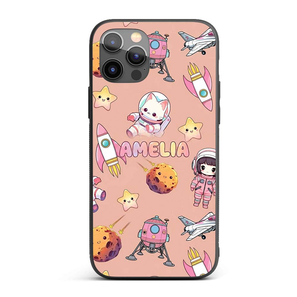 Space Cat Astronaut Girl Rockets Stars Seamless Custom Name Protective Phone Case Mobile Cover Durable Everyday Smartphone Shock Resistant