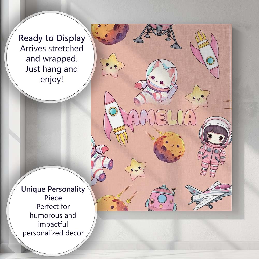 Personalised Name Space Cat Astronaut Girl Custom  Unique Gift Idea Elegant Feature Canvas Wall Art Print Decor Picture Ready to Hang
