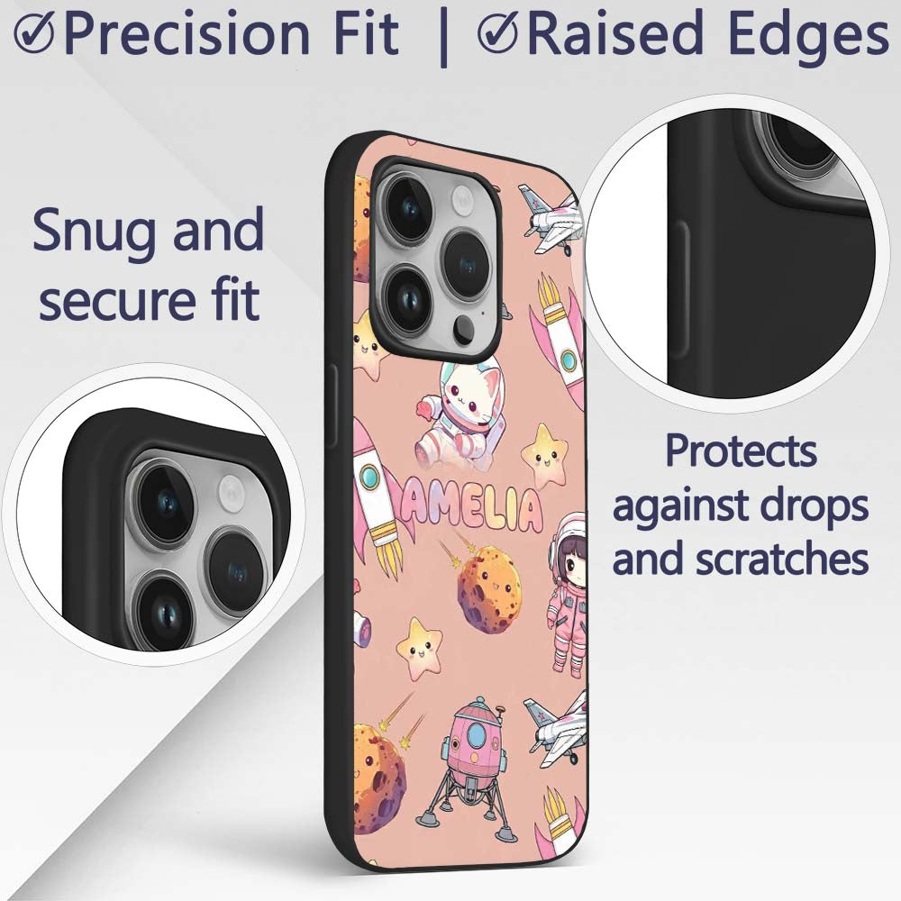 Space Cat Astronaut Girl Rockets Stars Seamless Custom Name Protective Phone Case Mobile Cover Durable Everyday Smartphone Shock Resistant