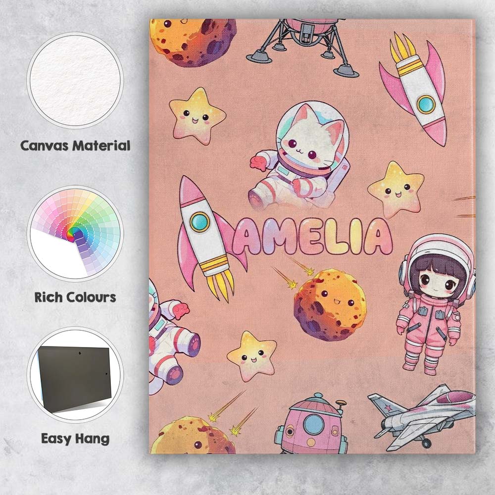Personalised Name Space Cat Astronaut Girl Custom  Unique Gift Idea Elegant Feature Canvas Wall Art Print Decor Picture Ready to Hang