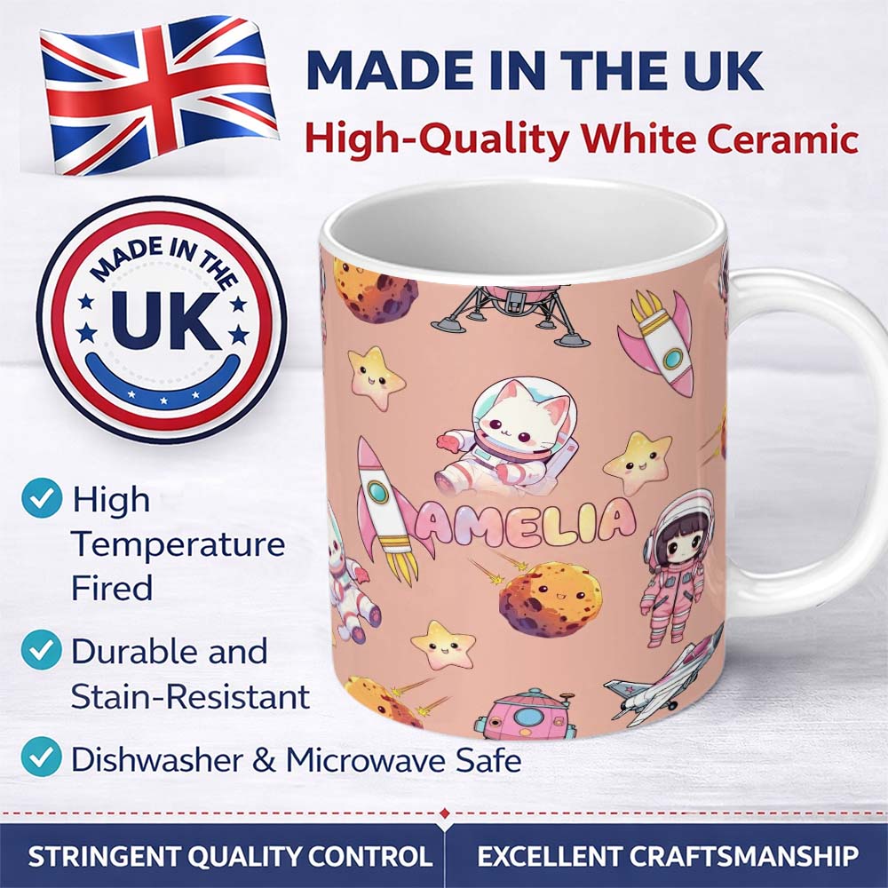 Personalized Custom Name Space Cat Astronaut Girl Rockets Stars Seamless Peach Background 11oz Ceramic Coffee Tea Mug White Large Handle