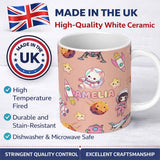 Personalized Custom Name Space Cat Astronaut Girl Rockets Stars Seamless Peach Background 11oz Ceramic Coffee Tea Mug White Large Handle