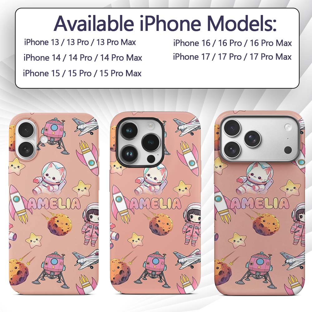 Space Cat Astronaut Girl Rockets Stars Seamless Custom Name Protective Phone Case Mobile Cover Durable Everyday Smartphone Shock Resistant