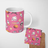 Personalized Custom Name Space Cat Astronaut Girl Rockets Stars Seamless Pink Background 11oz Ceramic Coffee Tea Mug White Large Handle