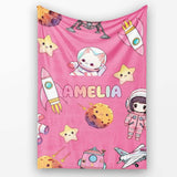 Space Cat Astronaut Girl Rockets Stars Seamless Pink Background  Personalised Custom Name Super Soft Fleece Blanket Bed Sofa Throw