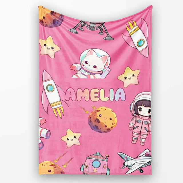 Space Cat Astronaut Girl Rockets Stars Seamless Pink Background  Personalised Custom Name Super Soft Fleece Blanket Bed Sofa Throw