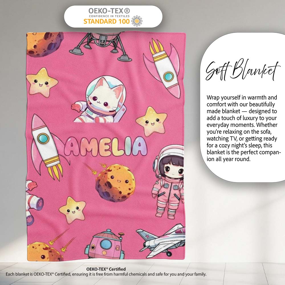 Space Cat Astronaut Girl Rockets Stars Seamless Pink Background  Personalised Custom Name Super Soft Fleece Blanket Bed Sofa Throw