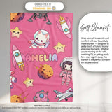 Space Cat Astronaut Girl Rockets Stars Seamless Pink Background  Personalised Custom Name Super Soft Fleece Blanket Bed Sofa Throw