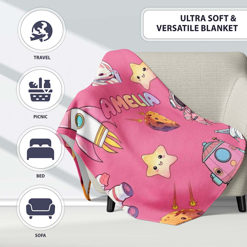 Space Cat Astronaut Girl Rockets Stars Seamless Pink Background  Personalised Custom Name Super Soft Fleece Blanket Bed Sofa Throw