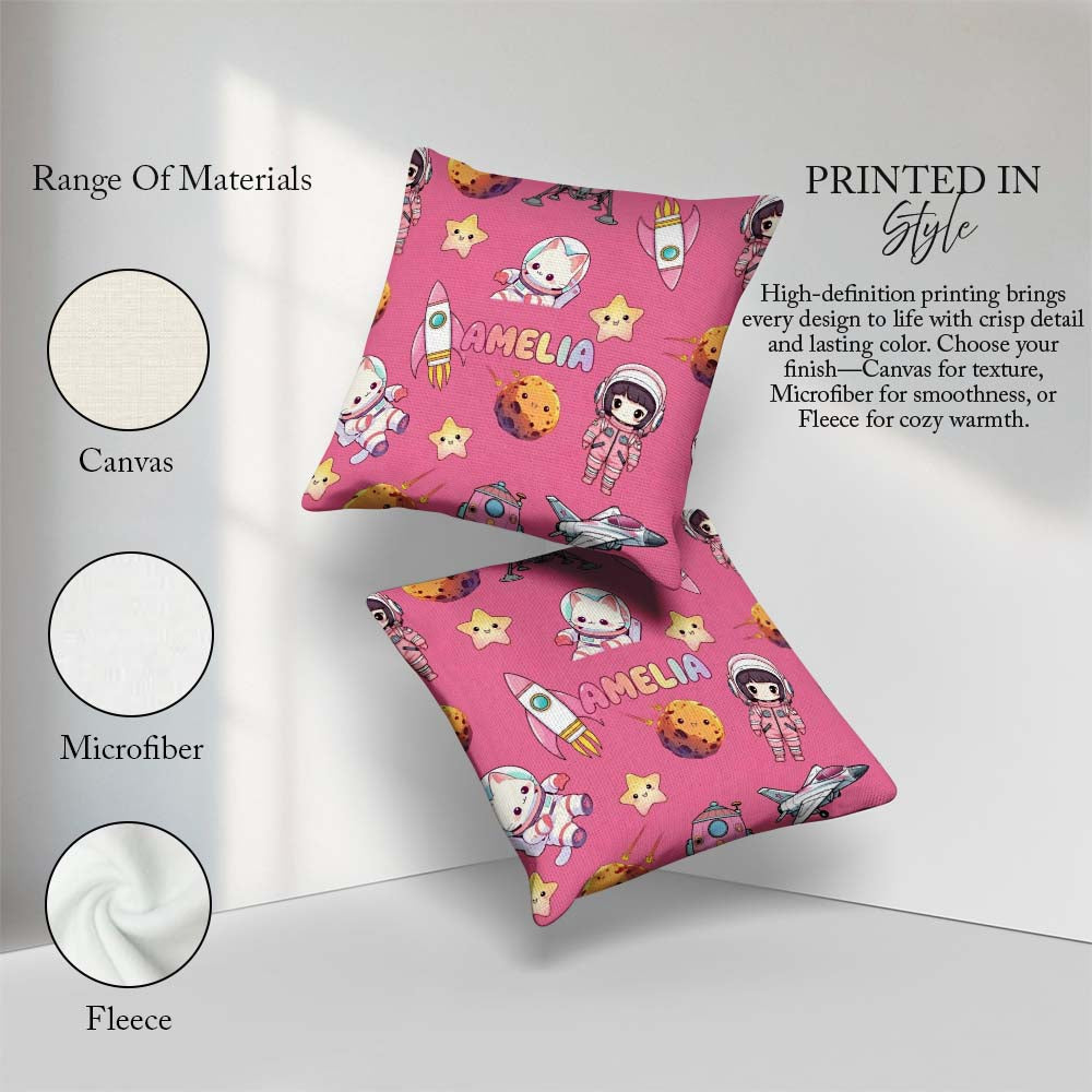 Custom Name Space Cat Astronaut Girl Rockets Stars Seamless Pink Square Filled Cushion Throw Pillow Sofa Bed Home Decor Zip Washable UK Made
