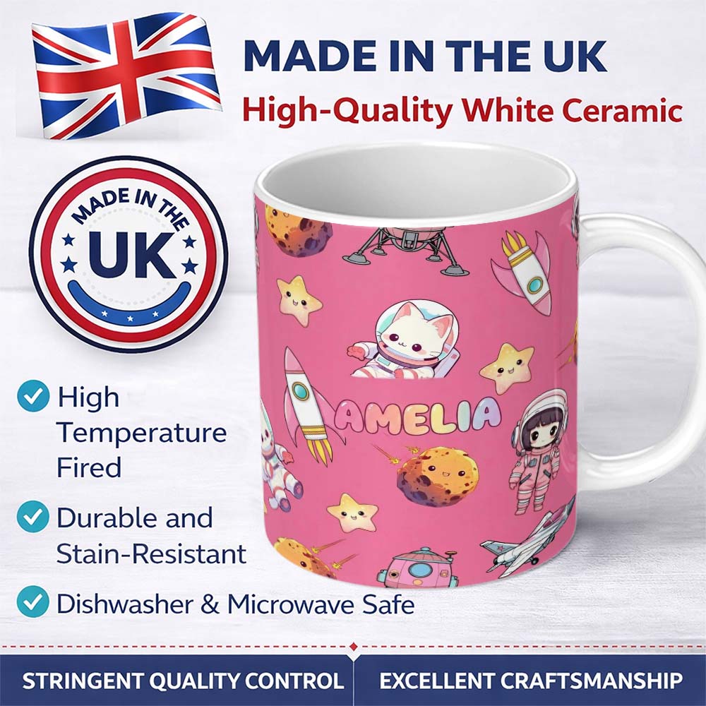 Personalized Custom Name Space Cat Astronaut Girl Rockets Stars Seamless Pink Background 11oz Ceramic Coffee Tea Mug White Large Handle