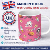 Personalized Custom Name Space Cat Astronaut Girl Rockets Stars Seamless Pink Background 11oz Ceramic Coffee Tea Mug White Large Handle