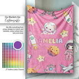 Space Cat Astronaut Girl Rockets Stars Seamless Pink Background  Personalised Custom Name Super Soft Fleece Blanket Bed Sofa Throw