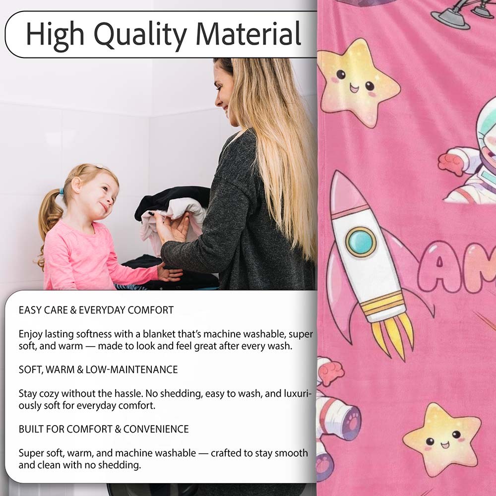 Space Cat Astronaut Girl Rockets Stars Seamless Pink Background  Personalised Custom Name Super Soft Fleece Blanket Bed Sofa Throw