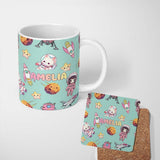 Personalized Custom Name Space Cat Astronaut Girl Rockets Stars Seamless Mint Background 11oz Ceramic Coffee Tea Mug White Large Handle