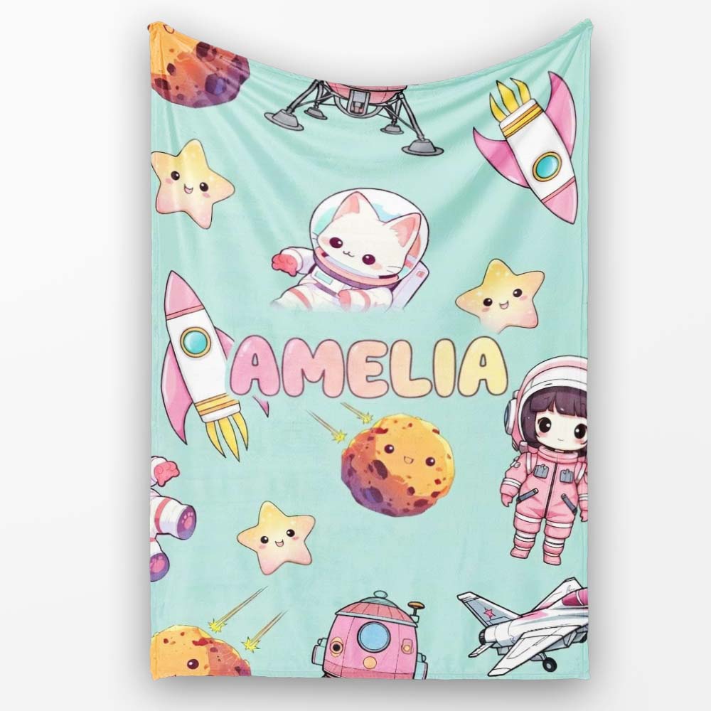 Space Cat Astronaut Girl Rockets Stars Seamless Mint Background  Personalised Custom Name Super Soft Fleece Blanket Bed Sofa Throw