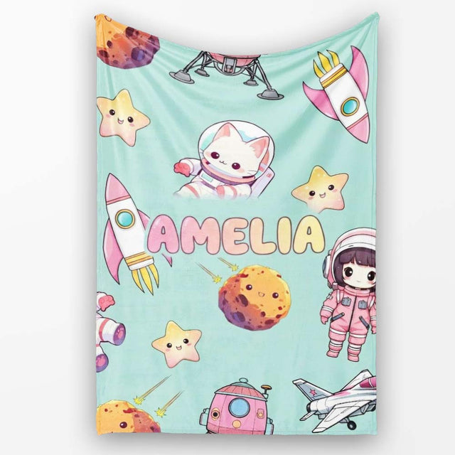 Space Cat Astronaut Girl Rockets Stars Seamless Mint Background  Personalised Custom Name Super Soft Fleece Blanket Bed Sofa Throw