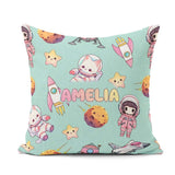 Custom Name Space Cat Astronaut Girl Rockets Stars Seamless Mint Square Filled Cushion Throw Pillow Sofa Bed Home Decor Zip Washable UK Made