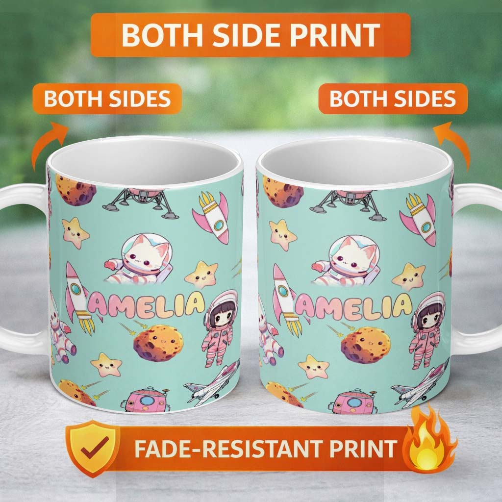 Personalized Custom Name Space Cat Astronaut Girl Rockets Stars Seamless Mint Background 11oz Ceramic Coffee Tea Mug White Large Handle