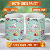 Personalized Custom Name Space Cat Astronaut Girl Rockets Stars Seamless Mint Background 11oz Ceramic Coffee Tea Mug White Large Handle