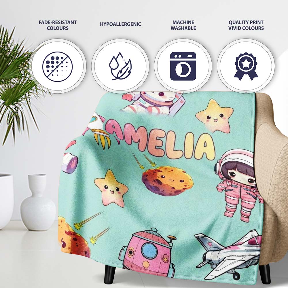 Space Cat Astronaut Girl Rockets Stars Seamless Mint Background  Personalised Custom Name Super Soft Fleece Blanket Bed Sofa Throw