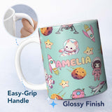 Personalized Custom Name Space Cat Astronaut Girl Rockets Stars Seamless Mint Background 11oz Ceramic Coffee Tea Mug White Large Handle