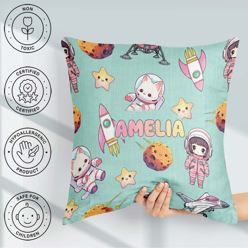 Custom Name Space Cat Astronaut Girl Rockets Stars Seamless Mint Square Filled Cushion Throw Pillow Sofa Bed Home Decor Zip Washable UK Made