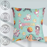 Custom Name Space Cat Astronaut Girl Rockets Stars Seamless Mint Square Filled Cushion Throw Pillow Sofa Bed Home Decor Zip Washable UK Made