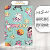 Space Cat Astronaut Girl Rockets Stars Seamless Mint Background  Personalised Custom Name Super Soft Fleece Blanket Bed Sofa Throw
