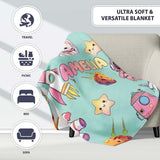Space Cat Astronaut Girl Rockets Stars Seamless Mint Background  Personalised Custom Name Super Soft Fleece Blanket Bed Sofa Throw
