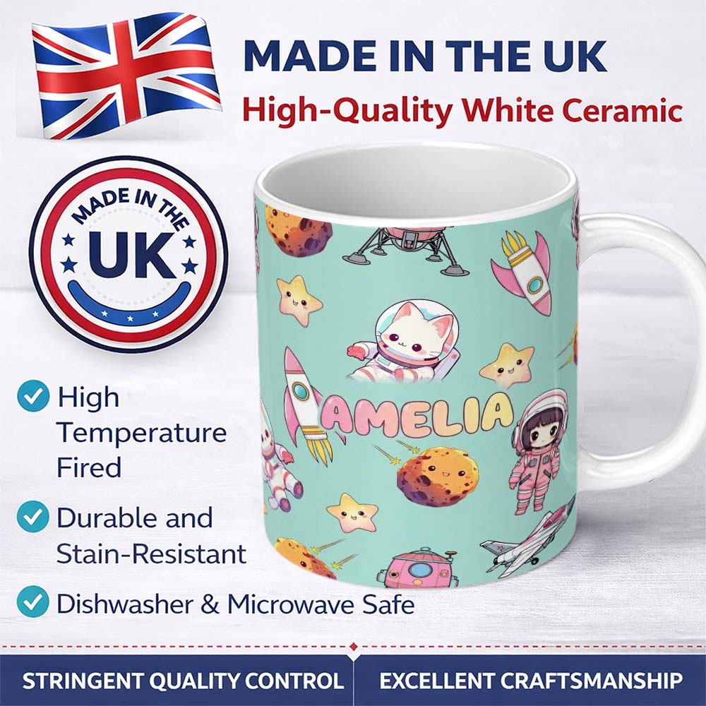 Personalized Custom Name Space Cat Astronaut Girl Rockets Stars Seamless Mint Background 11oz Ceramic Coffee Tea Mug White Large Handle