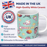 Personalized Custom Name Space Cat Astronaut Girl Rockets Stars Seamless Mint Background 11oz Ceramic Coffee Tea Mug White Large Handle