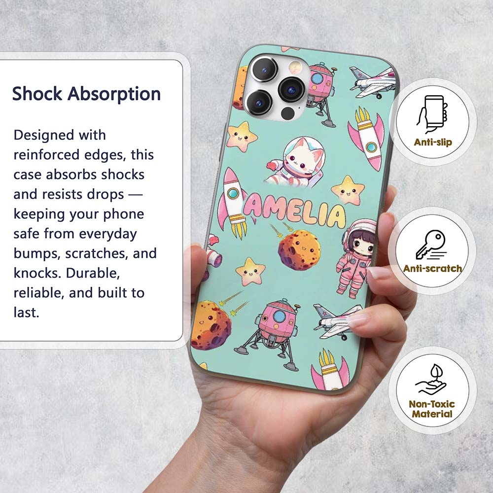 Space Cat Astronaut Girl Rockets Stars Seamless Custom Name Protective Phone Case Mobile Cover Durable Everyday Smartphone Shock Resistant
