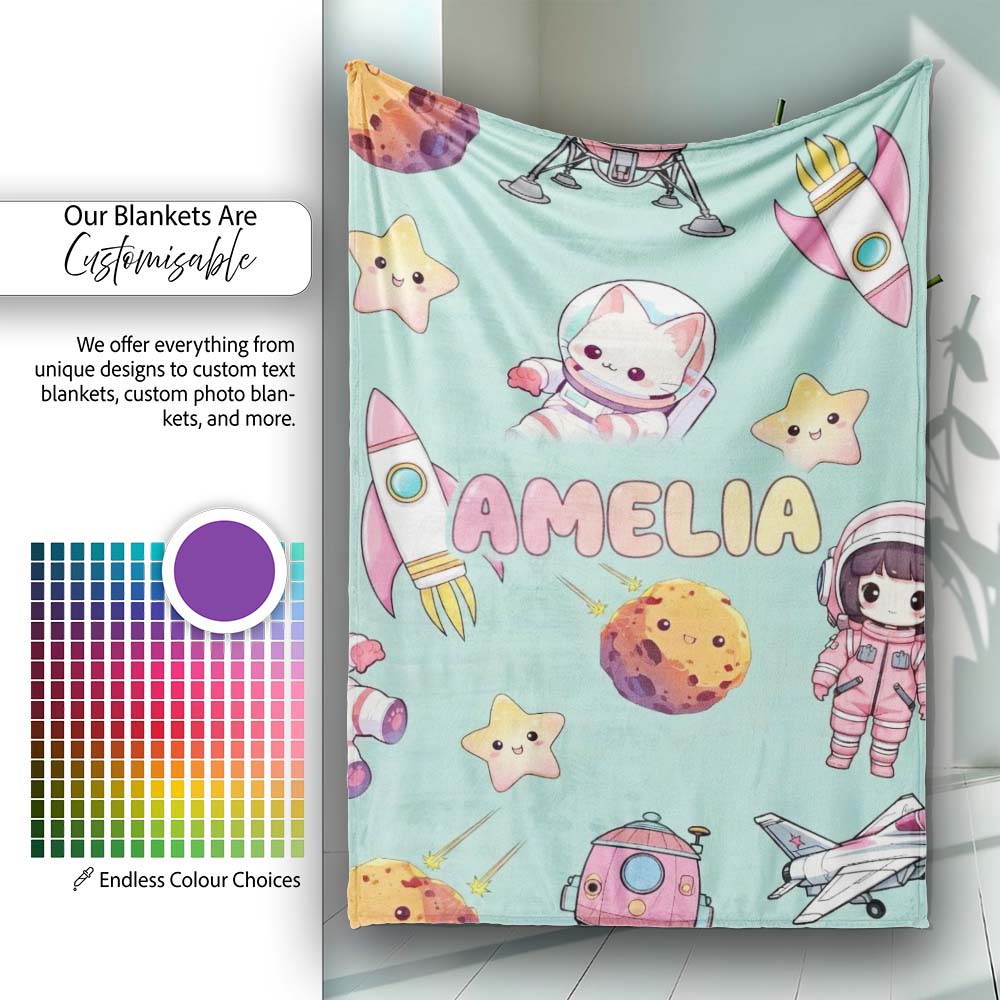 Space Cat Astronaut Girl Rockets Stars Seamless Mint Background  Personalised Custom Name Super Soft Fleece Blanket Bed Sofa Throw