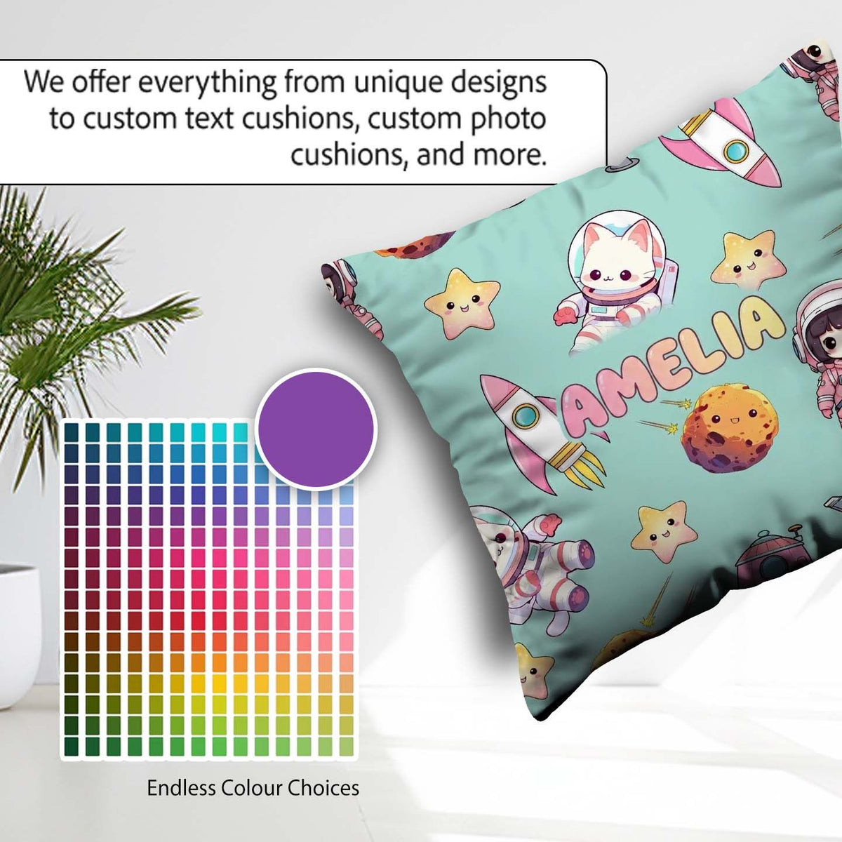 Custom Name Space Cat Astronaut Girl Rockets Stars Seamless Mint Square Filled Cushion Throw Pillow Sofa Bed Home Decor Zip Washable UK Made