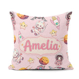 Custom Name Space Cat Astronaut Girl Rockets Stars Seamless Pink Square Filled Cushion Throw Pillow Sofa Bed Home Decor Zip Washable UK Made