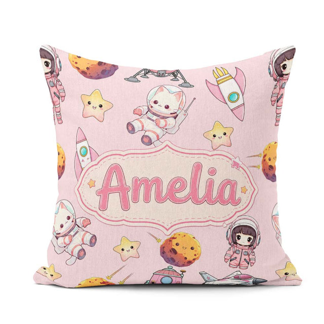 Custom Name Space Cat Astronaut Girl Rockets Stars Seamless Pink Square Filled Cushion Throw Pillow Sofa Bed Home Decor Zip Washable UK Made